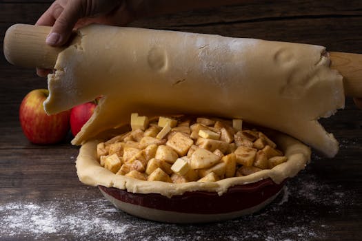 Pâte à tarte étalée sur une tarte aux pommes garnie de morceaux de pommes et de beurre, avec des pommes en arrière-plan.